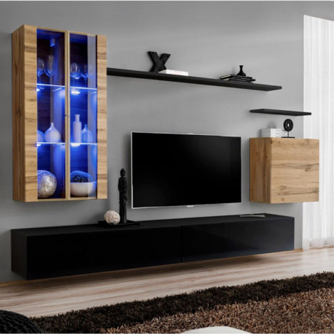 Meuble TV Mural Design "Switch XII" 270cm Naturel & Noir|Meuble TV|Paris Prix