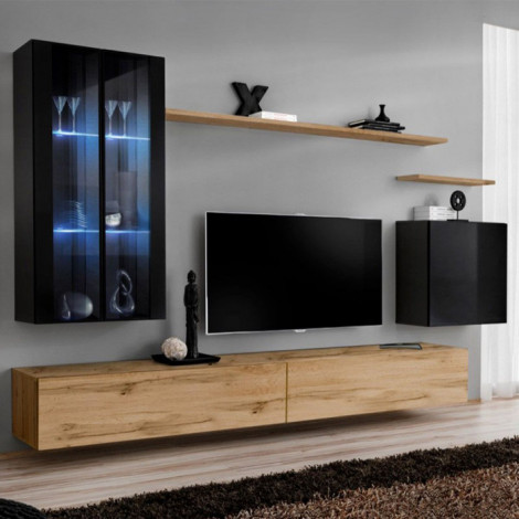 Meuble TV Mural Design "Switch XII" 270cm Noir & Naturel|Meuble TV|Paris Prix