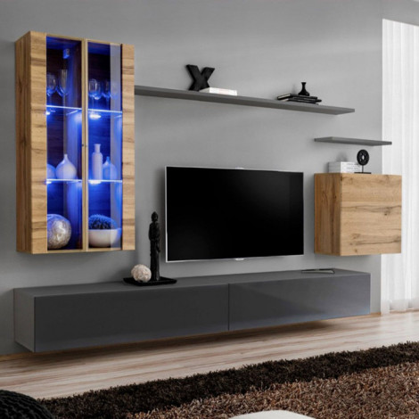 Meuble TV Mural Design "Switch XII" 270cm Naturel & Gris|Meuble TV|Paris Prix