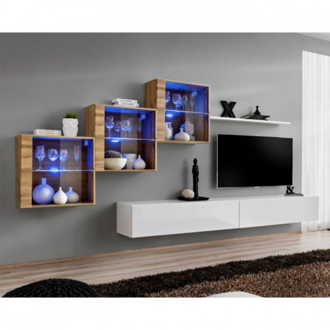 Meuble TV Mural Design "Switch XX" 330cm Blanc & Naturel|Meuble TV|Paris Prix