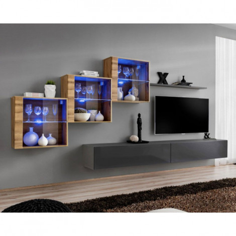 Meuble TV Mural Design "Switch XX" 330cm Gris & Naturel|Meuble TV|Paris Prix