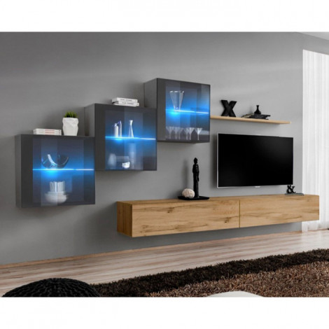 Meuble TV Mural Design "Switch XX" 330cm Naturel & Gris|Meuble TV|Paris Prix