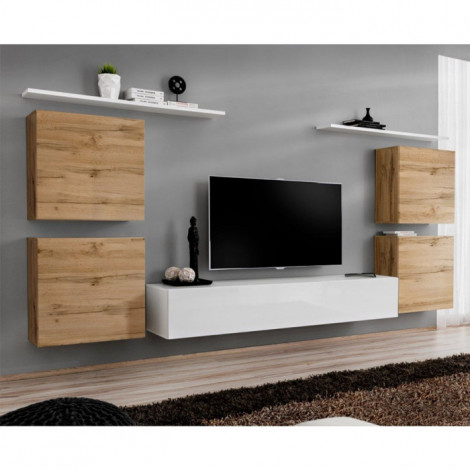 Meuble TV Mural Design "Switch IV" 320cm Naturel & Blanc|Meuble TV|Paris Prix