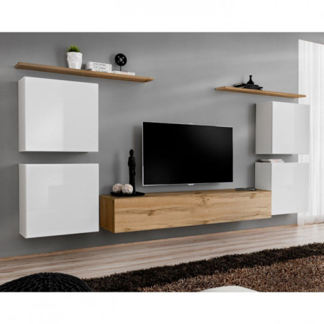 Meuble TV Mural Design "Switch IV" 320cm Blanc & Naturel|Meuble TV|Paris Prix
