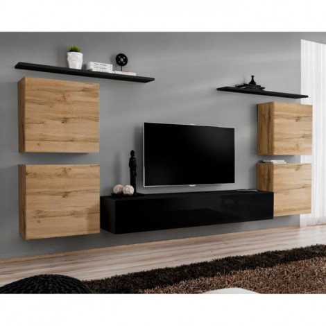 Meuble TV Mural Design "Switch IV" 320cm Naturel & Noir|Meuble TV|Paris Prix