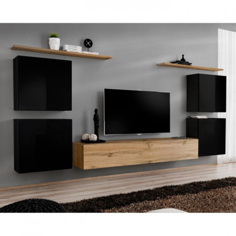 Meuble TV Mural Design "Switch IV" 320cm Noir & Naturel|Meuble TV|Paris Prix