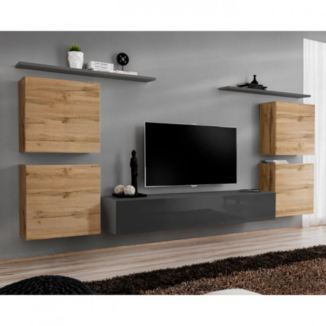 Meuble TV Mural Design "Switch IV" 320cm Naturel & Gris|Meuble TV|Paris Prix