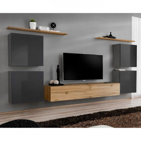 Meuble TV Mural Design "Switch IV" 320cm Gris & Naturel|Meuble TV|Paris Prix
