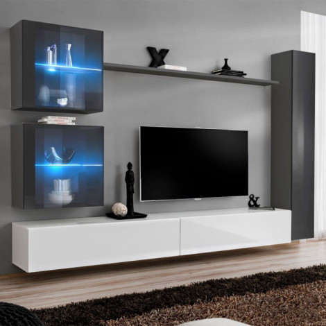 Meuble TV Mural Design "Switch XVIII" 280cm Blanc & Gris|Meuble TV|Paris Prix