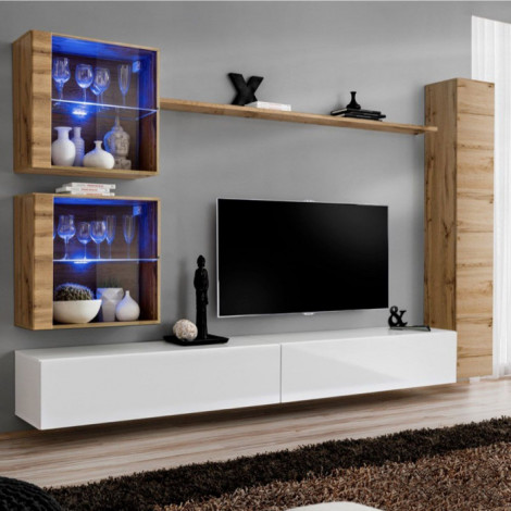 Meuble TV Mural Design "Switch XVIII" 280cm Blanc & Naturel|Meuble TV|Paris Prix
