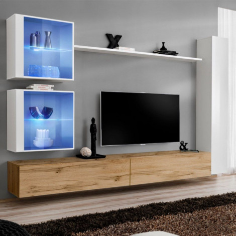 Meuble TV Mural Design "Switch XVIII" 280cm Naturel & Blanc|Meuble TV|Paris Prix