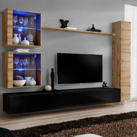 Meuble TV Mural Design "Switch XVIII" 280cm Noir & Naturel|Meuble TV|Paris Prix