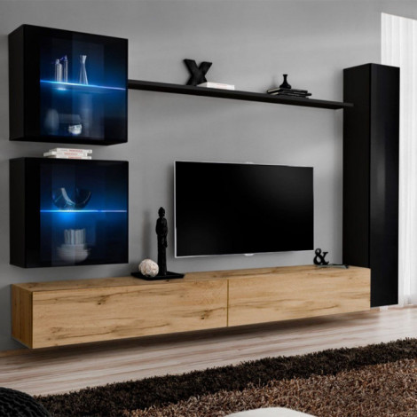 Meuble TV Mural Design "Switch XVIII" 280cm Naturel & Noir|Meuble TV|Paris Prix