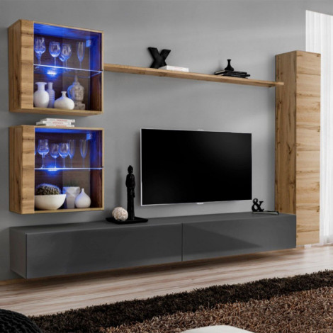 Meuble TV Mural Design "Switch XVIII" 280cm Gris & Naturel|Meuble TV|Paris Prix