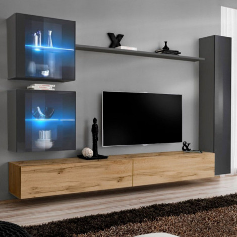 Meuble TV Mural Design "Switch XVIII" 280cm Naturel & Gris|Meuble TV|Paris Prix