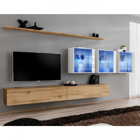 Meuble TV Mural Design "Switch XVII" 340cm Naturel & Blanc|Meuble TV|Paris Prix