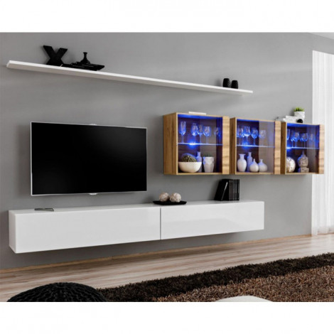 Meuble TV Mural Design "Switch XVII" 340cm Blanc & Naturel|Meuble TV|Paris Prix
