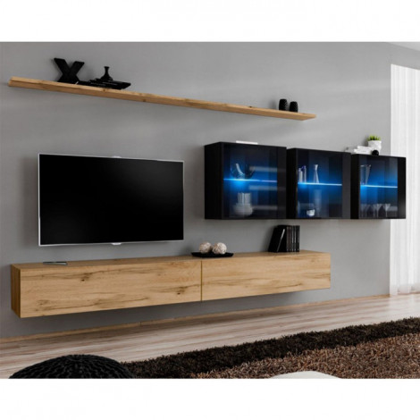 Meuble TV Mural Design "Switch XVII" 340cm Naturel & Noir|Meuble TV|Paris Prix