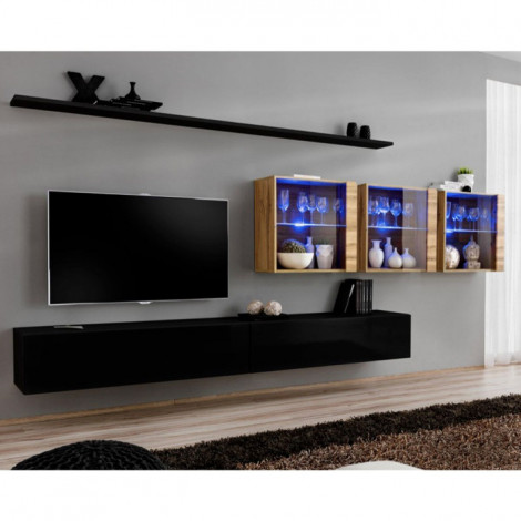 Meuble TV Mural Design "Switch XVII" 340cm Noir & Naturel|Meuble TV|Paris Prix