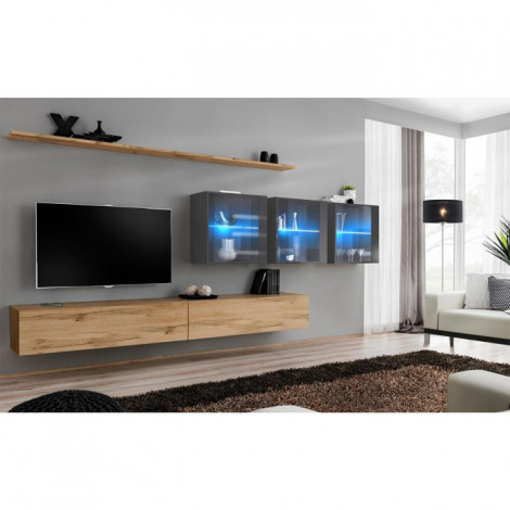 Meuble TV Mural Design "Switch XVII" 340cm Naturel & Gris|Meuble TV|Paris Prix