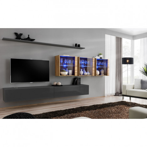 Meuble TV Mural Design "Switch XVII" 340cm Gris & Naturel|Meuble TV|Paris Prix
