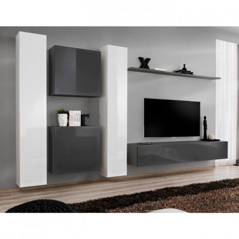 Meuble TV Mural Design "Switch VI" 330cm Gris & Blanc|Meuble TV|Paris Prix
