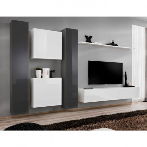 Meuble TV Mural Design "Switch VI" 330cm Blanc & Gris|Meuble TV|Paris Prix