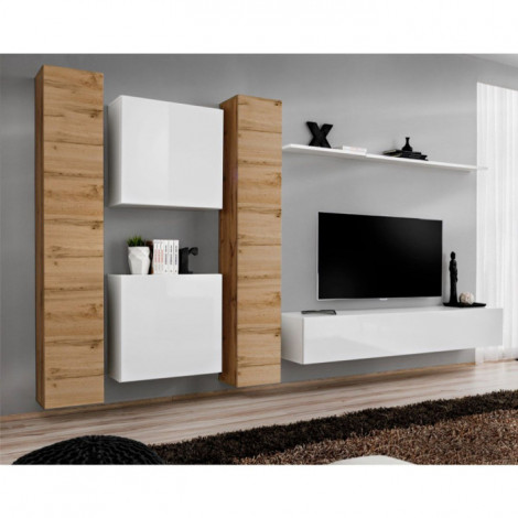 Meuble TV Mural Design "Switch VI" 330cm Naturel & Blanc|Meuble TV|Paris Prix