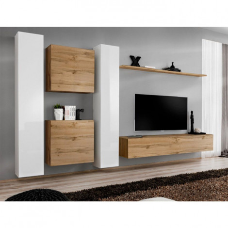 Meuble TV Mural Design "Switch VI" 330cm Blanc & Naturel|Meuble TV|Paris Prix
