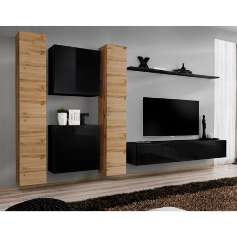 Meuble TV Mural Design "Switch VI" 330cm Naturel & Noir|Meuble TV|Paris Prix