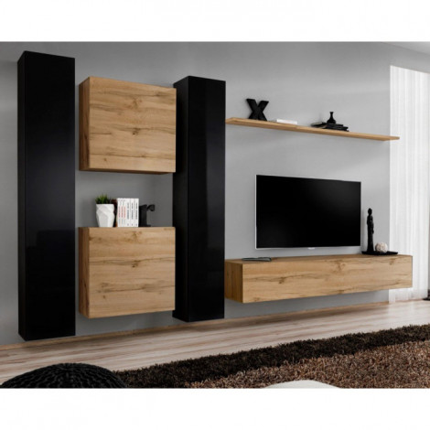 Meuble TV Mural Design "Switch VI" 330cm Noir & Naturel|Meuble TV|Paris Prix