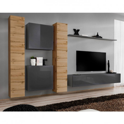 Meuble TV Mural Design "Switch VI" 330cm Naturel & Gris|Meuble TV|Paris Prix