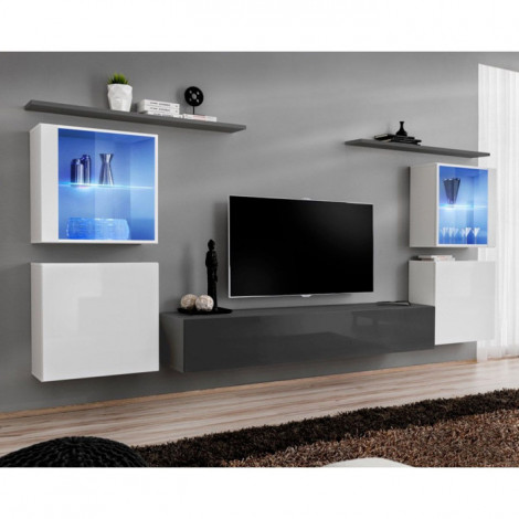 Meuble TV Mural Design "Switch XIV" 320cm Blanc & Gris|Meuble TV|Paris Prix