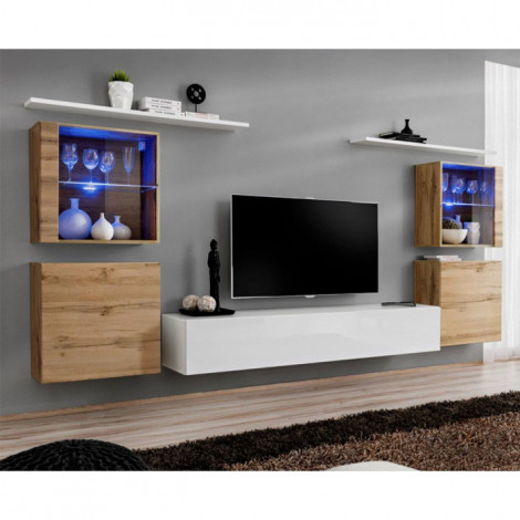 Meuble TV Mural Design "Switch XIV" 320cm Naturel & Blanc|Meuble TV|Paris Prix