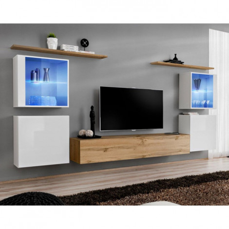 Meuble TV Mural Design "Switch XIV" 320cm Blanc & Naturel|Meuble TV|Paris Prix