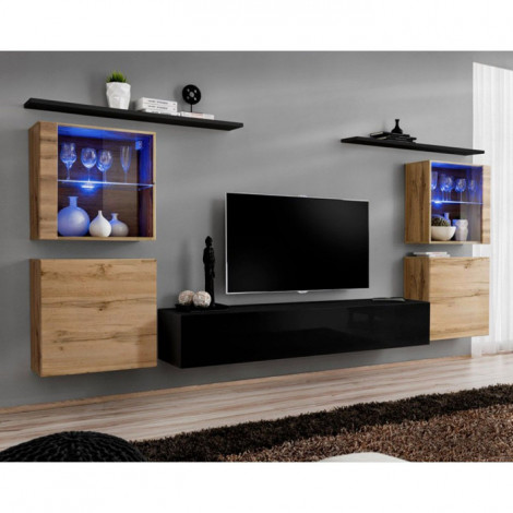 Meuble TV Mural Design "Switch XIV" 320cm Naturel & Noir|Meuble TV|Paris Prix