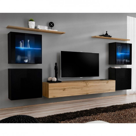 Meuble TV Mural Design "Switch XIV" 320cm Noir & Naturel|Meuble TV|Paris Prix