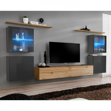 Meuble TV Mural Design "Switch XIV" 320cm Gris & Naturel|Meuble TV|Paris Prix