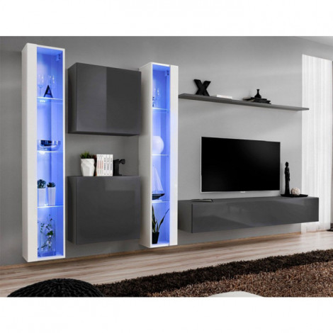Meuble TV Mural Design "Switch XVI" 330cm Blanc & Gris|Meuble TV|Paris Prix
