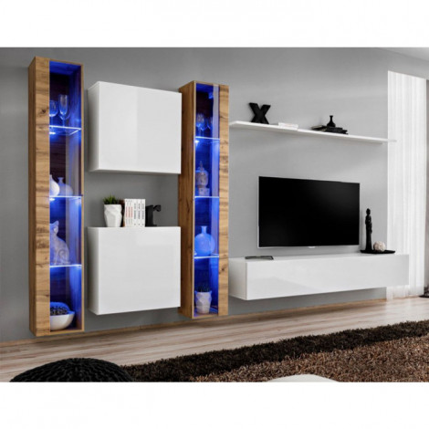 Meuble TV Mural Design "Switch XVI" 330cm Blanc & Naturel|Meuble TV|Paris Prix