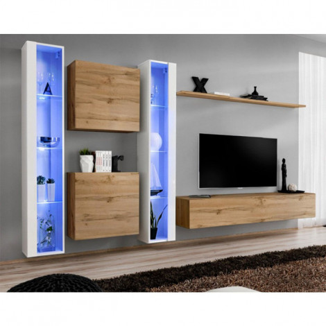 Meuble TV Mural Design "Switch XVI" 330cm Naturel & Blanc|Meuble TV|Paris Prix