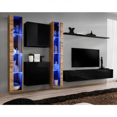Meuble TV Mural Design "Switch XVI" 330cm Noir & Naturel|Meuble TV|Paris Prix