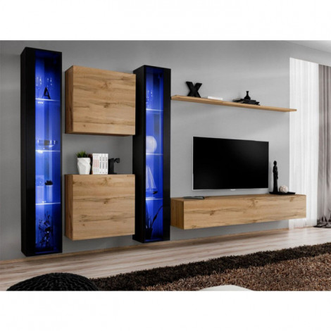 Meuble TV Mural Design "Switch XVI" 330cm Naturel & Noir|Meuble TV|Paris Prix
