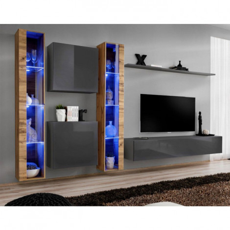 Meuble TV Mural Design "Switch XVI" 330cm Gris & Naturel|Meuble TV|Paris Prix