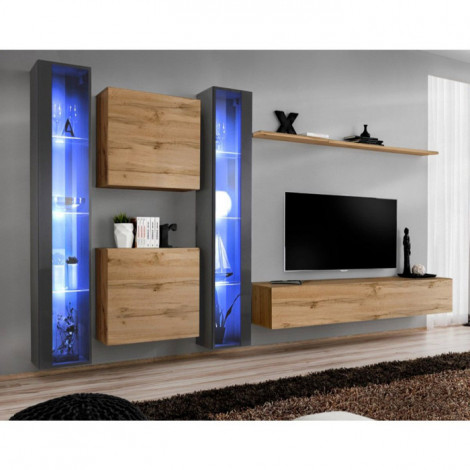 Meuble TV Mural Design "Switch XVI" 330cm Naturel & Gris|Meuble TV|Paris Prix