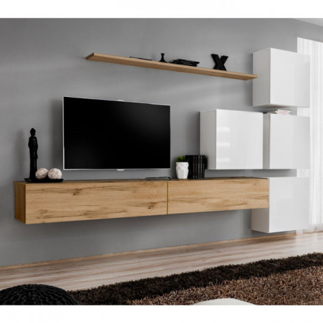 Meuble TV Mural Design "Switch IX" 310cm Naturel & Blanc|Meuble TV|Paris Prix