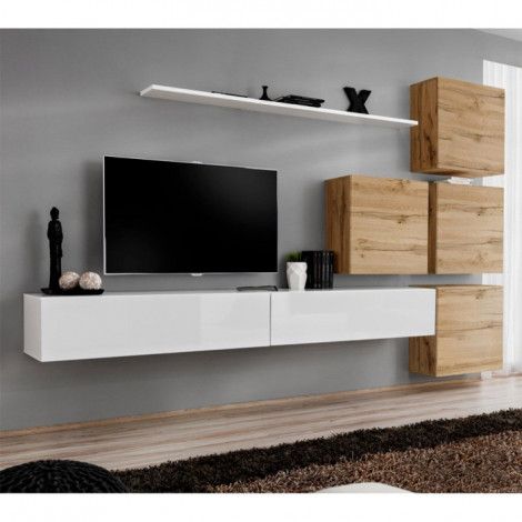 Meuble TV Mural Design "Switch IX" 310cm Blanc & Naturel|Meuble TV|Paris Prix