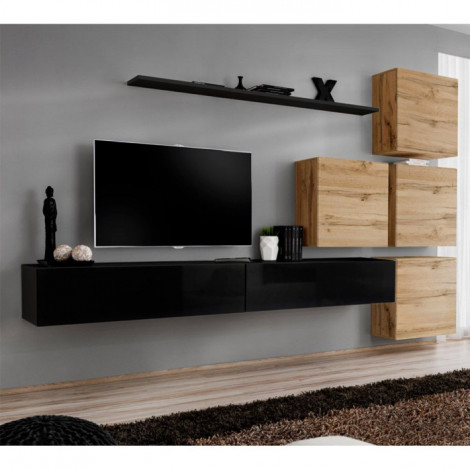 Meuble TV Mural Design "Switch IX" 310cm Noir & Naturel|Meuble TV|Paris Prix