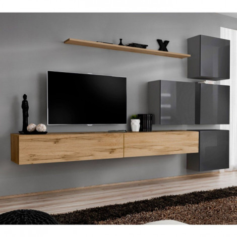 Meuble TV Mural Design "Switch IX" 310cm Naturel & Gris|Meuble TV|Paris Prix