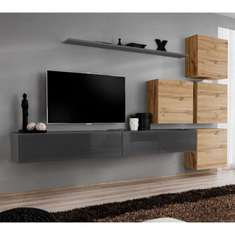 Meuble TV Mural Design "Switch IX" 310cm Gris & Naturel|Meuble TV|Paris Prix